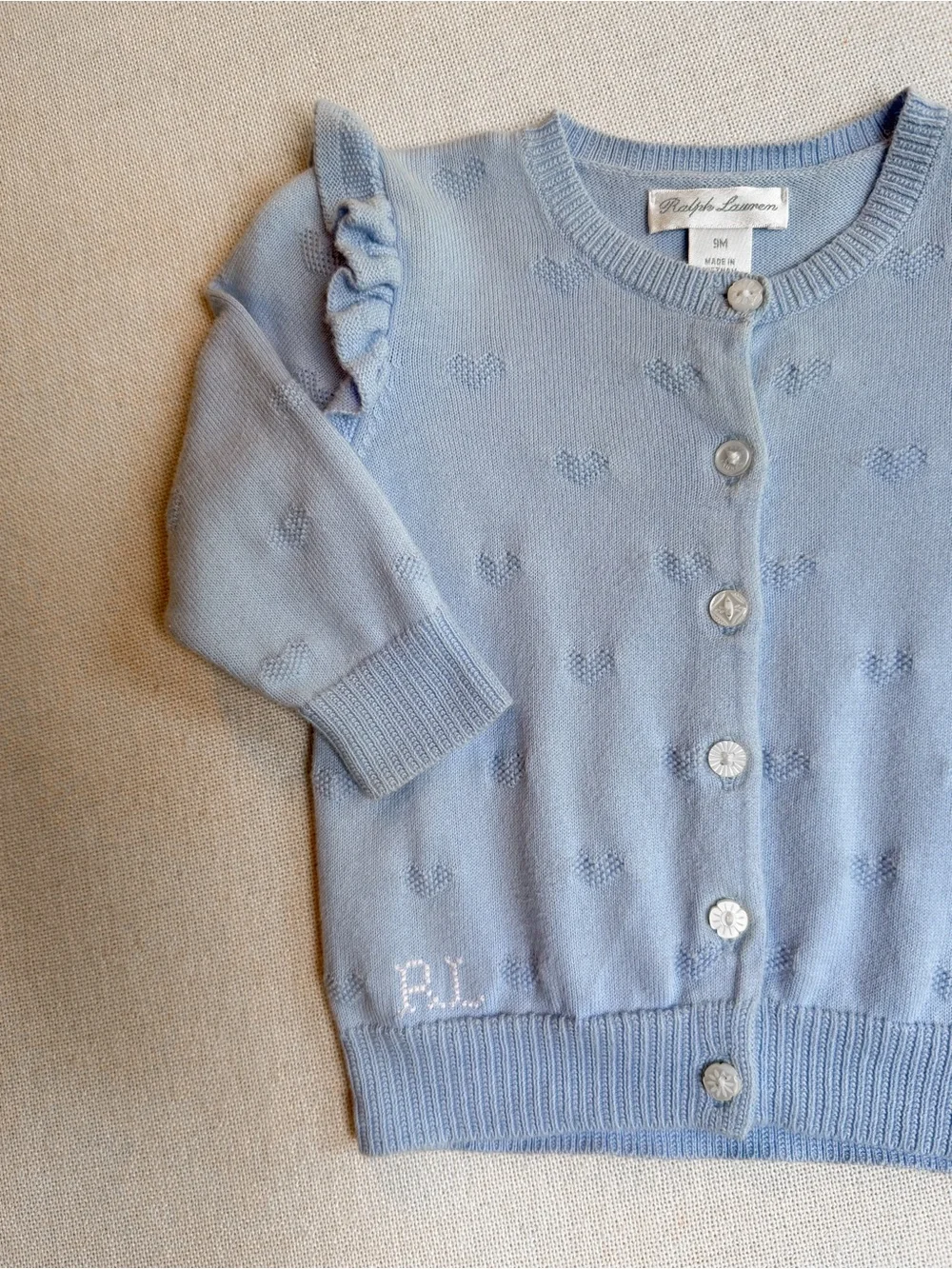 Ralph Lauren Heart Ruffle Cotton Cardigan Sweater Blue 9M